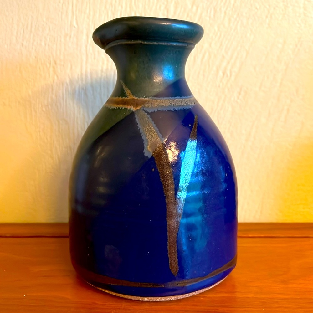 Artist Signed Studio Art Handmade Pottery Creamer Small Pitcher Vase Navy Blue